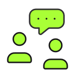 Zwei stilisierte Figuren in grün mit einer Sprechblase über ihnen.