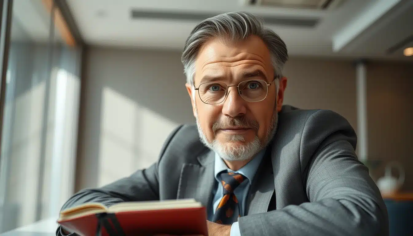 Ein Mann mit grauen Haaren und Brille sitzt an einem Tisch und hält ein Buch in der Hand.