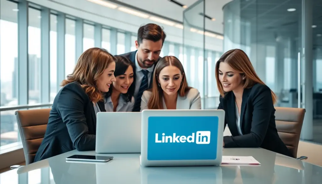 Fünf Personen, die um einen Laptop mit dem LinkedIn-Logo versammelt sind und diskutieren.
