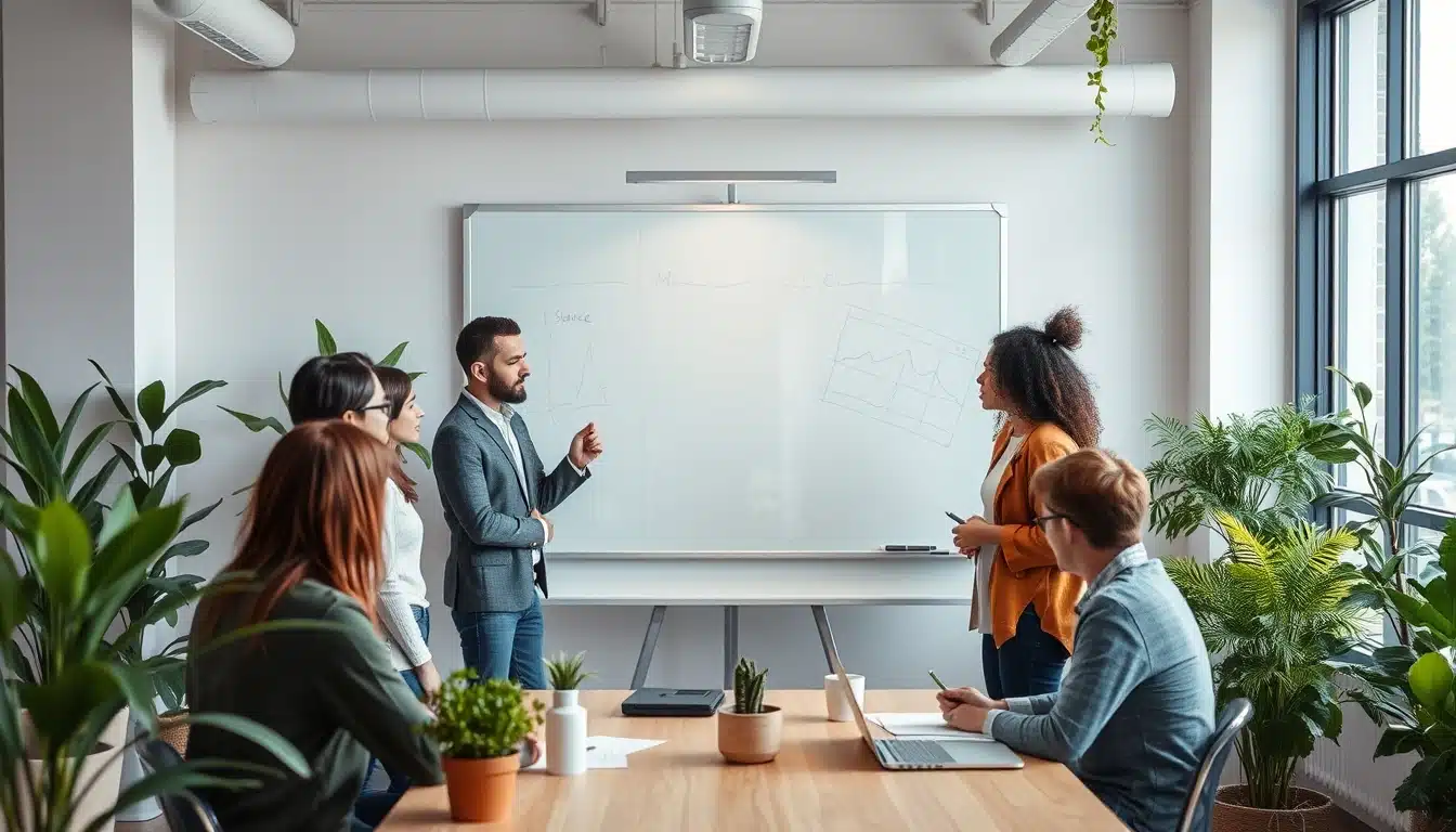Eine Gruppe von fünf Personen in einem Besprechungsraum, die an einem Whiteboard stehen und diskutieren.